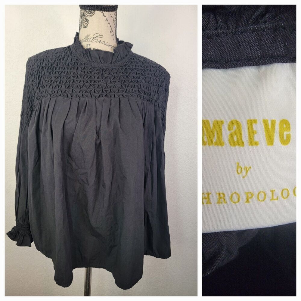 Anthropologie Maeve Blouse 6 Modern Peasant Smocked Puff Sleeve Oversized Black